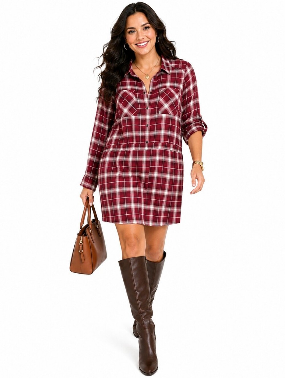 ANDRÉE BY UNIT Women’s Medium Maroon White Plaid Mini Shirt Dress Roll Tab NWT